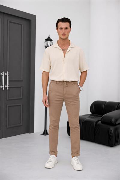 Erkek Vizon Slim Fit Bağcıklı Chino Pantolon