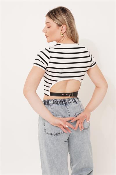 Sırt Kemer Detaylı Çizgili Beyaz Crop
