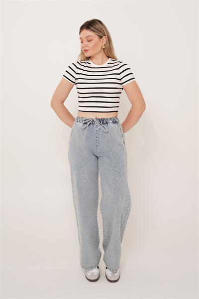 Bol Paça Bağcıklı Denim Pantolon
