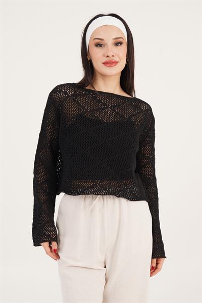 Kayık Yaka Volan Kol Detaylı Ajurlu Siyah Kazak