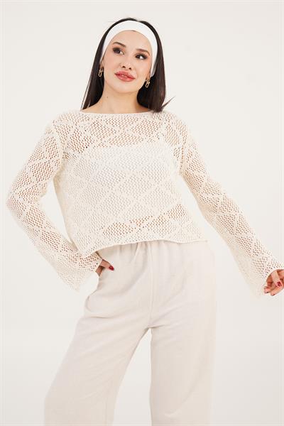 Kayık Yaka Volan Kol Detaylı Ajurlu Taş Kazak	