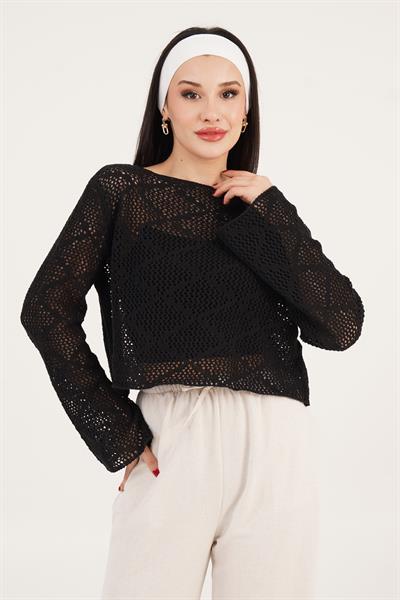 Kayık Yaka Volan Kol Detaylı Ajurlu Siyah Kazak