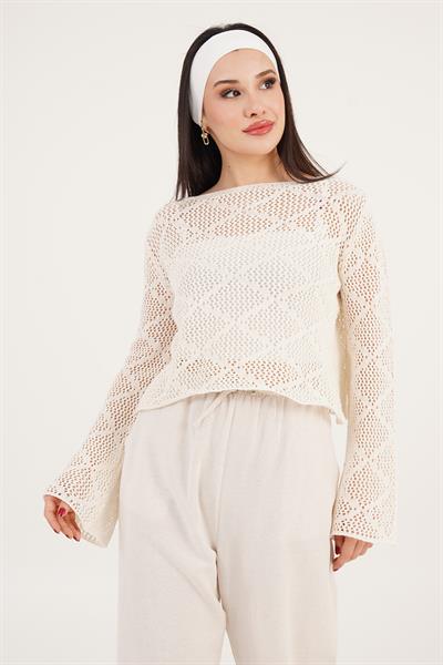 Kayık Yaka Volan Kol Detaylı Ajurlu Taş Kazak	