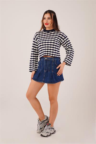 Ajurlu Çift Renk Triko Lacivert Kısa Kazak