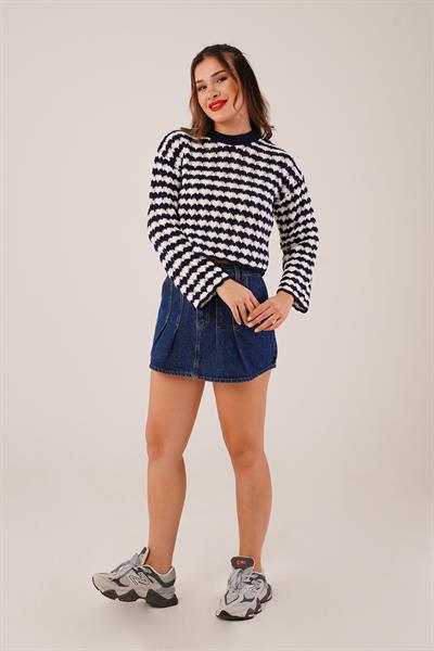 Ajurlu Çift Renk Triko Lacivert Kısa Kazak