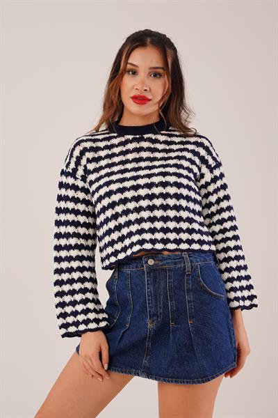 Ajurlu Çift Renk Triko Lacivert Kısa Kazak