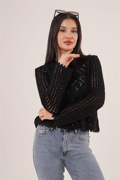 Ajurlu Düğmeli Siyah Hırka