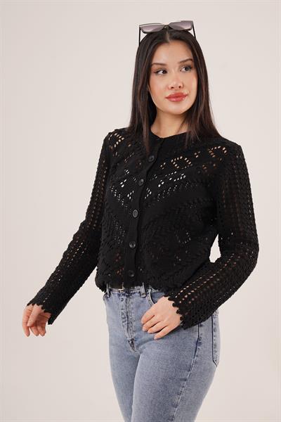 Ajurlu Düğmeli Siyah Hırka