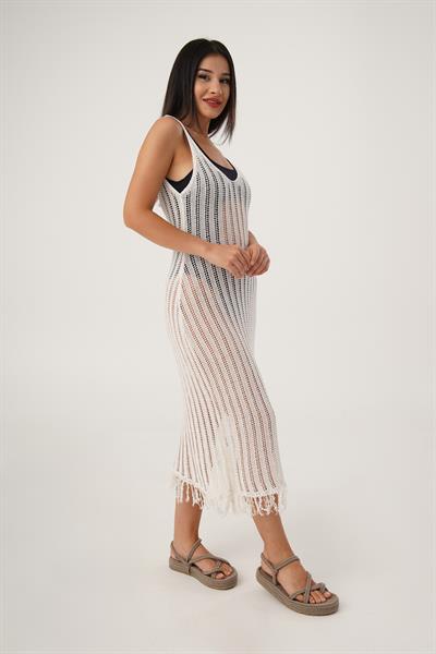 Ajurlu İnce Askılı Bej Plaj Elbisesi