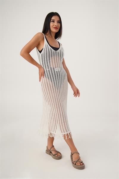 Ajurlu İnce Askılı Bej Plaj Elbisesi