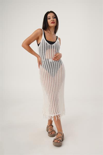 Ajurlu İnce Askılı Bej Plaj Elbisesi