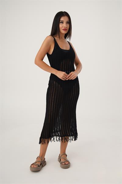 Ajurlu İnce Askılı Siyah Plaj Elbisesi