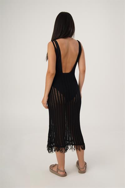 Ajurlu İnce Askılı Siyah Plaj Elbisesi