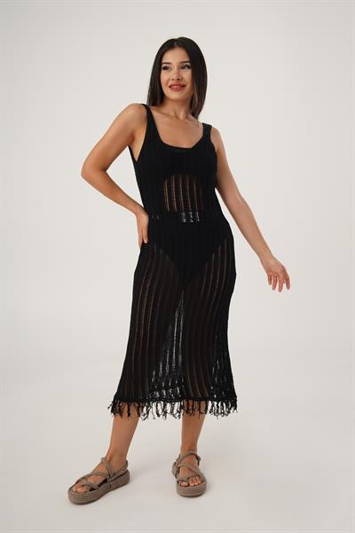 Ajurlu İnce Askılı Siyah Plaj Elbisesi