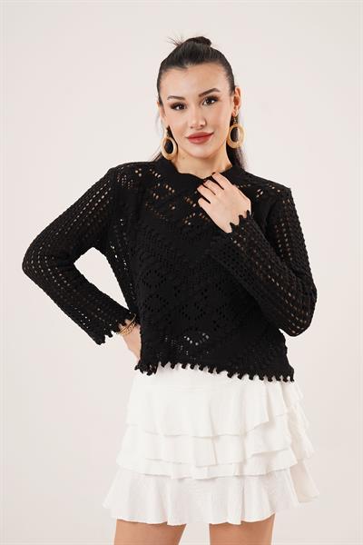 Ajurlu Delikli Model Mevsimlik Siyah Kazak