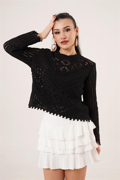 Ajurlu Delikli Model Mevsimlik Siyah Kazak