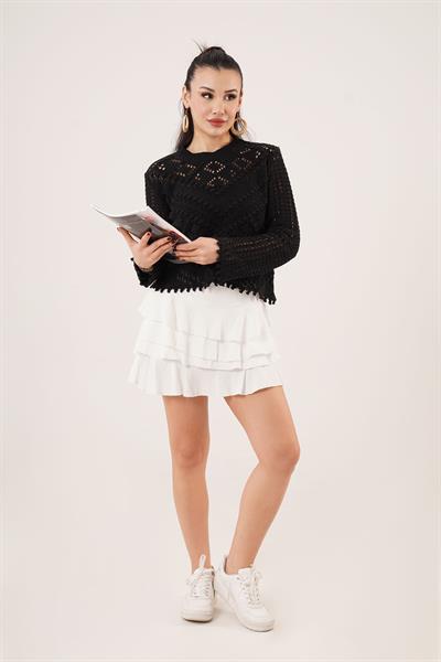 Ajurlu Delikli Model Mevsimlik Siyah Kazak