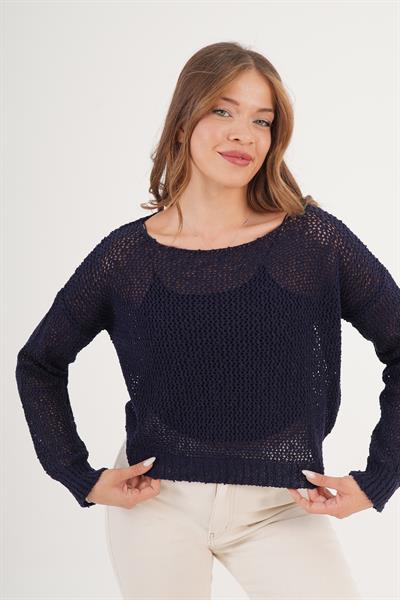 Ajurlu Model Geniş Yaka Oversize Lacivert Örme Bluz