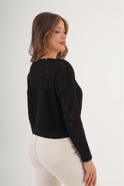 Ajurlu Model Geniş Yaka Oversize Siyah Örme Bluz