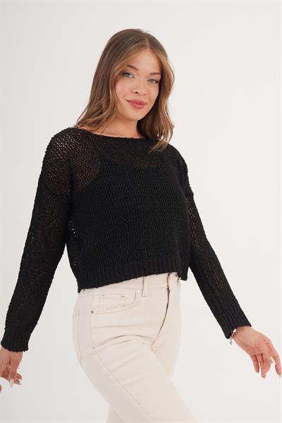 Ajurlu Model Geniş Yaka Oversize Siyah Örme Bluz