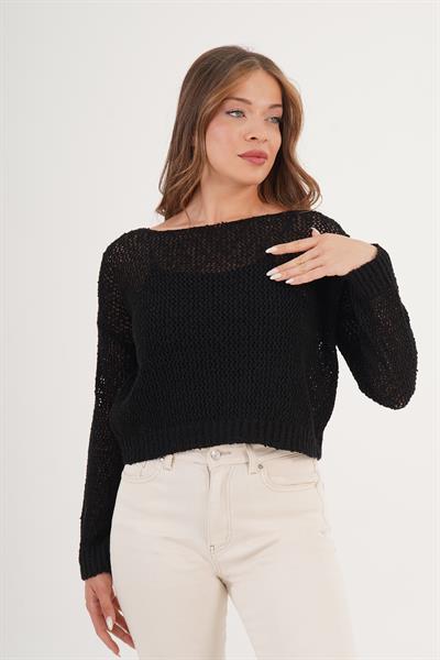Ajurlu Model Geniş Yaka Oversize Siyah Örme Bluz