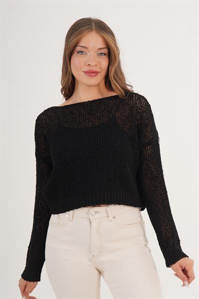 Ajurlu Model Geniş Yaka Oversize Siyah Örme Bluz