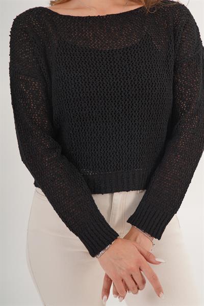 Ajurlu Model Geniş Yaka Oversize Siyah Örme Bluz
