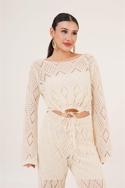 Ajurlu Örgü Model Bağlamalı Crop Pantolon Bej İkili Takım