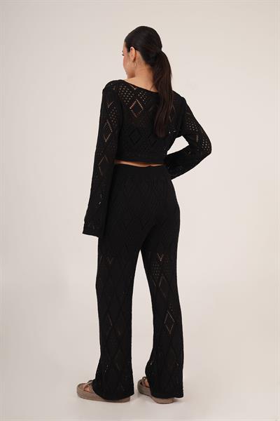 Ajurlu Örgü Model Bağlamalı Crop Pantolon Siyah İkili Takım