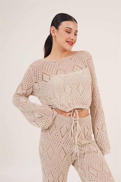 Ajurlu Örgü Model Bağlamalı Crop Pantolon Sütlü Kahve İkili Takım