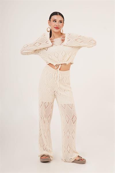 Ajurlu Örgü Model Bağlamalı Crop Pantolon Bej İkili Takım