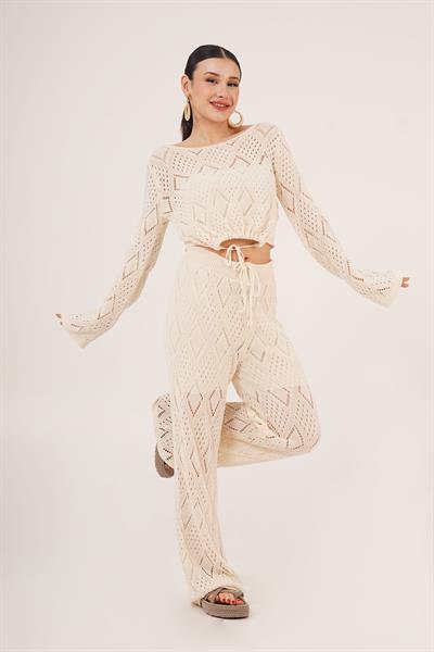 Ajurlu Örgü Model Bağlamalı Crop Pantolon Bej İkili Takım