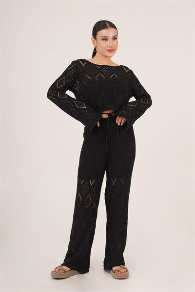 Ajurlu Örgü Model Bağlamalı Crop Pantolon Siyah İkili Takım