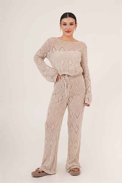 Ajurlu Örgü Model Bağlamalı Crop Pantolon Sütlü Kahve İkili Takım
