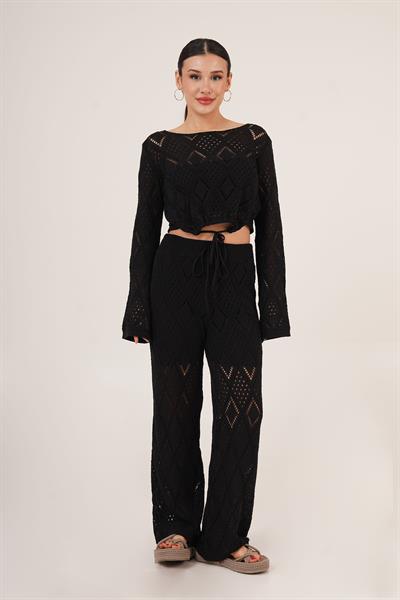 Ajurlu Örgü Model Bağlamalı Crop Pantolon Siyah İkili Takım
