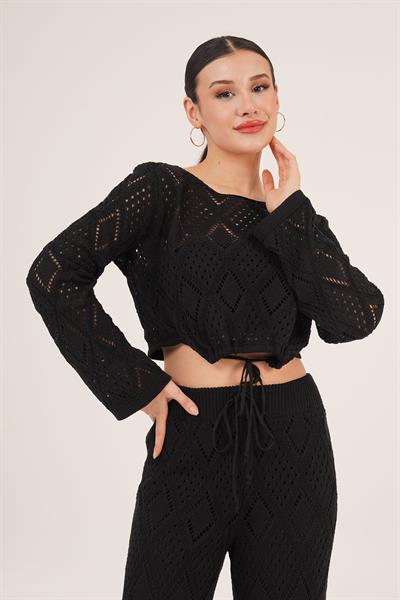 Ajurlu Örgü Model Bağlamalı Crop Pantolon Siyah İkili Takım