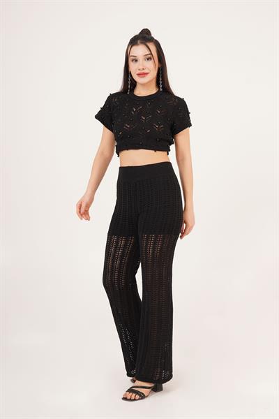 Ajurlu Geniş Paça Siyah Pantolon
