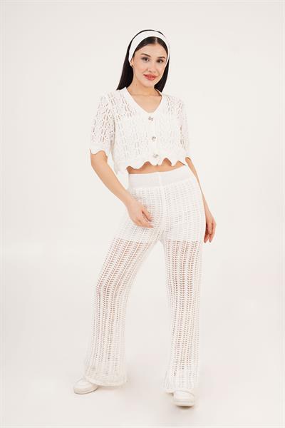 Ajurlu Geniş Paça Krem Pantolon