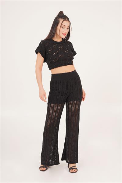 Ajurlu Geniş Paça Siyah Pantolon