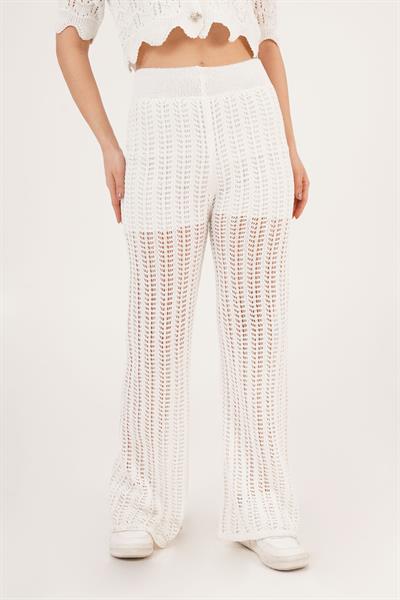 Ajurlu Geniş Paça Krem Pantolon
