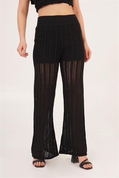 Ajurlu Geniş Paça Siyah Pantolon