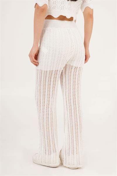 Ajurlu Geniş Paça Krem Pantolon