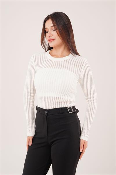 Transparan Model Uzun Kol Ekru Bluz