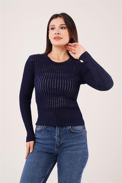 Transparan Model Uzun Kol Lacivert Bluz