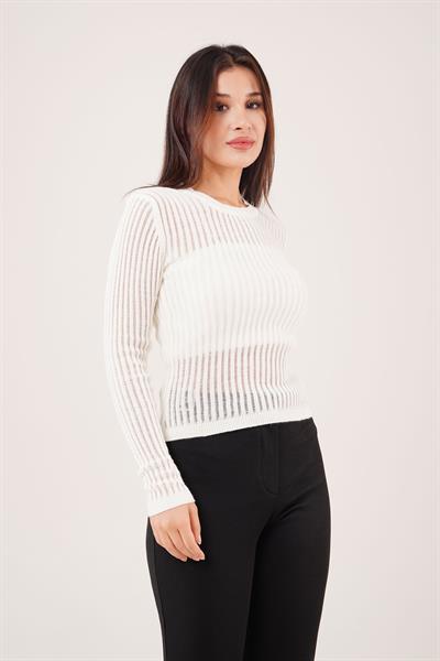 Transparan Model Uzun Kol Ekru Bluz