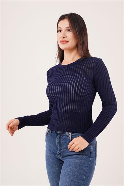 Transparan Model Uzun Kol Lacivert Bluz