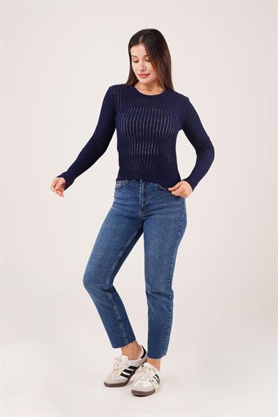 Transparan Model Uzun Kol Lacivert Bluz