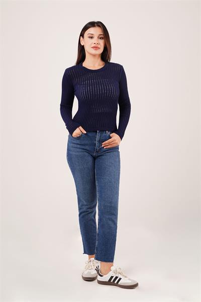 Transparan Model Uzun Kol Lacivert Bluz