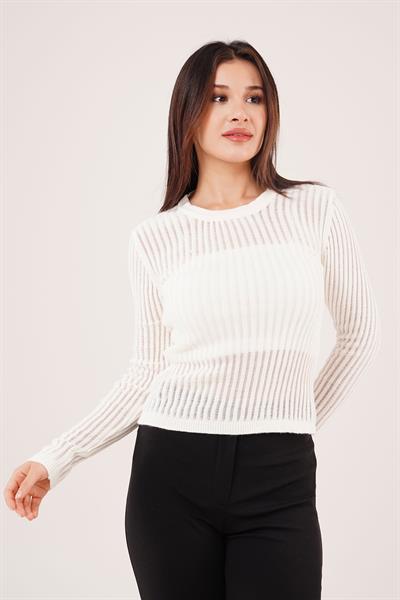 Transparan Model Uzun Kol Ekru Bluz