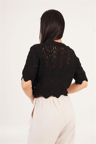 Ajurlu Fiyonk Düğmeli Siyah Crop Hırka